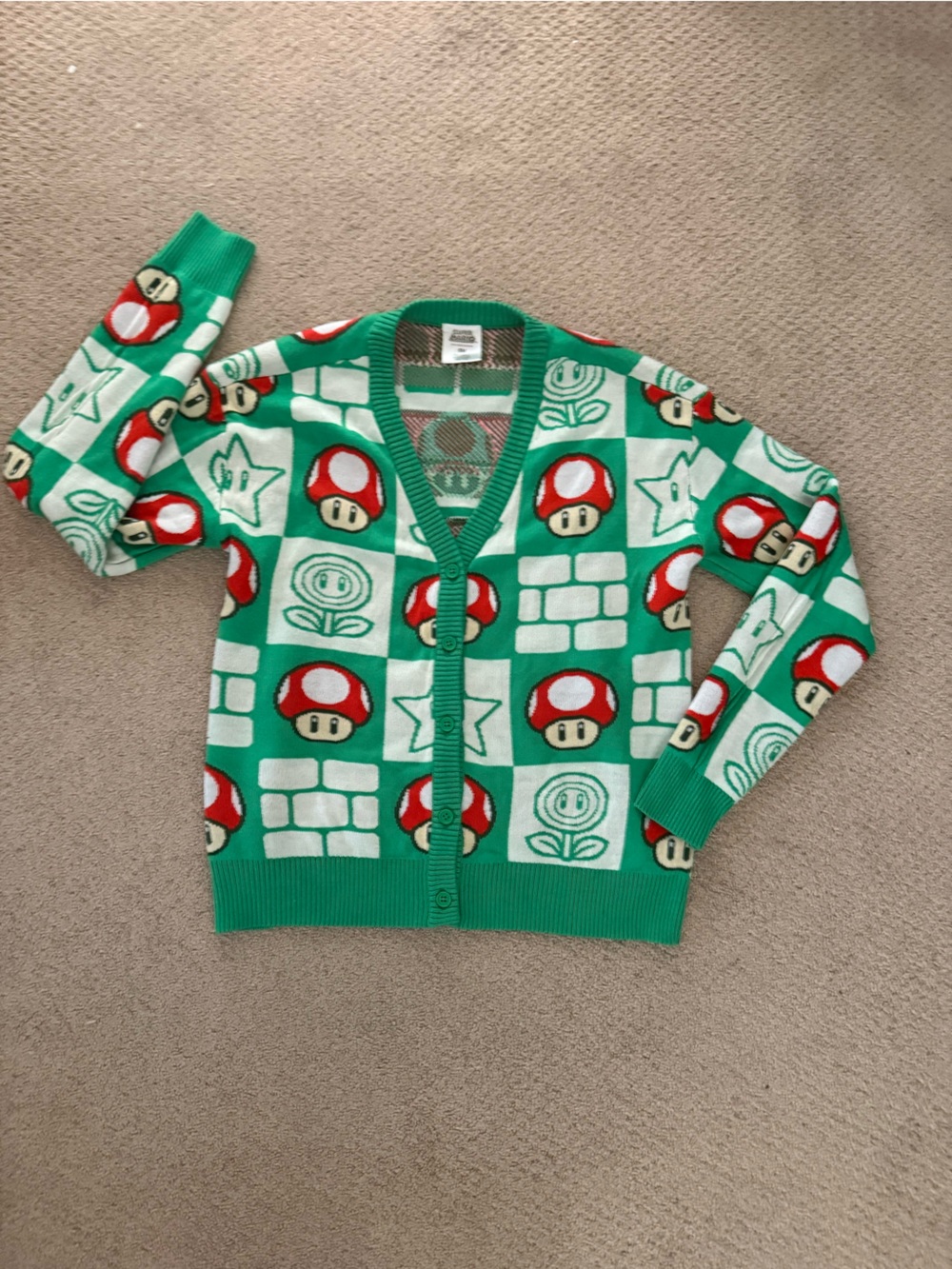 Size Small Women’s Nintendo Green Cardigan with Red Mushroom Game Print
